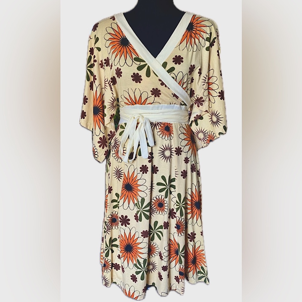 Jayli Retro Vintage Hippie Yellow Orange Floral Cotton Wrap Dress Boho 60’s